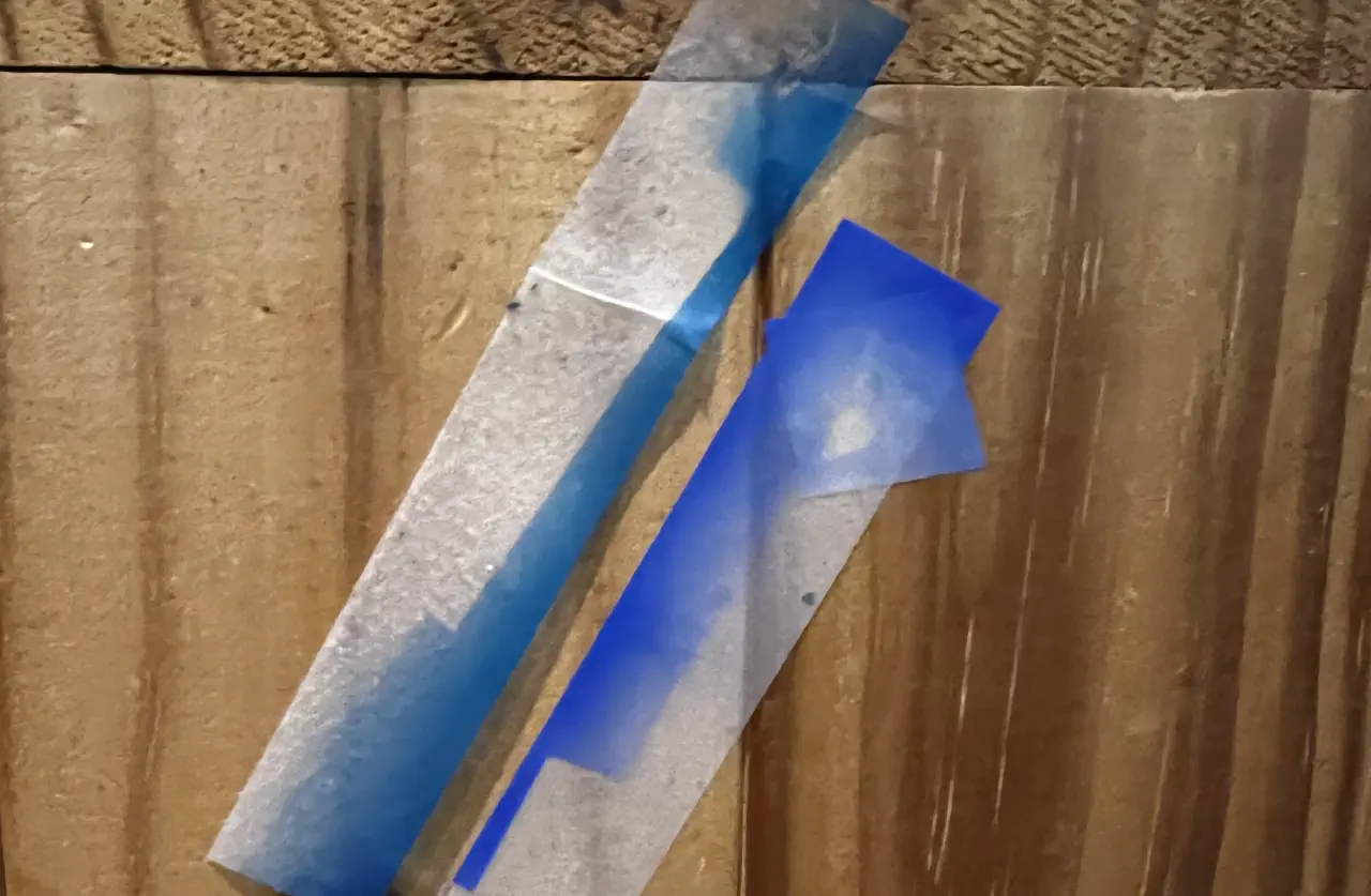 Two pieces of tape stuck to wood with two different shades of blue on them.