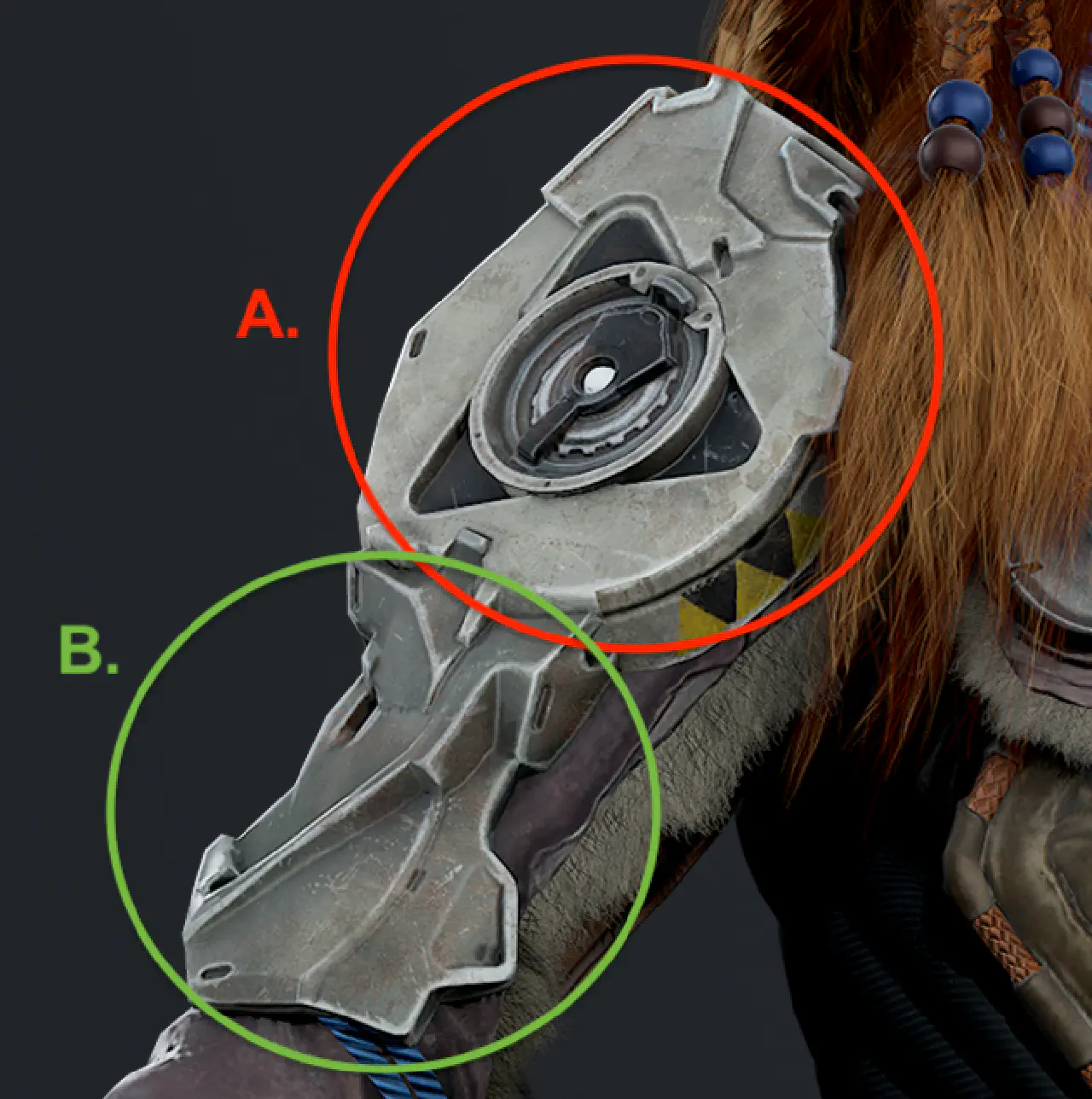 A rendering of Aloys right arm covered by a complex piece of machine. The top half is surrounded by a circle labelled A. with the bottom half surrounded by a circle labelled B.