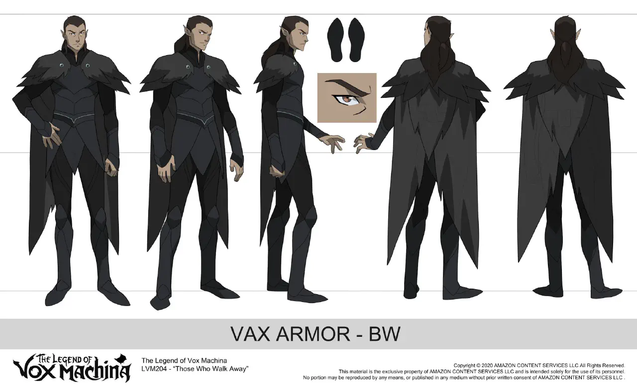 Vax'ildan from legend of vox machina drawn in different poses to act as a costume reference for animators