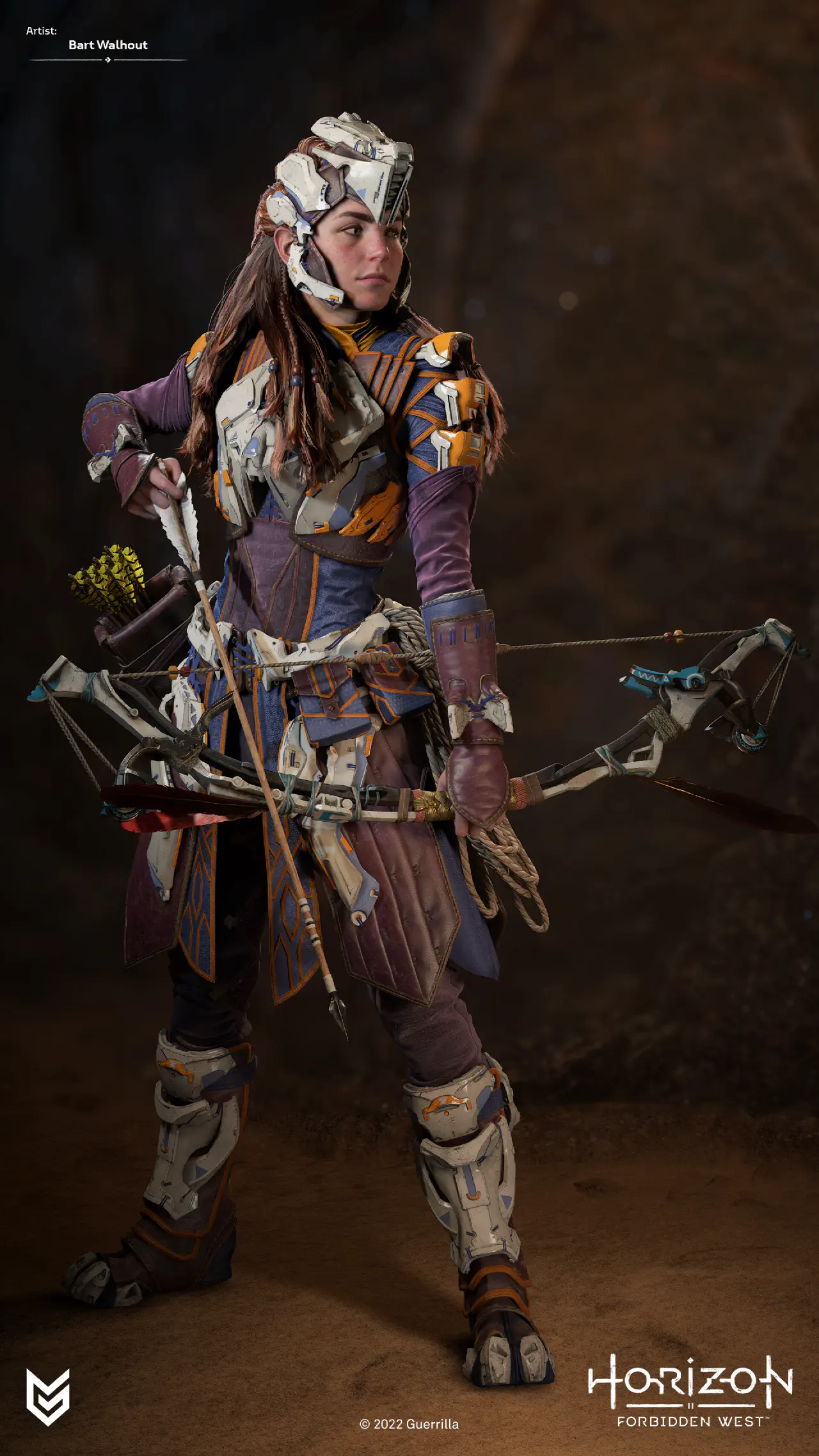 Aloy in the Carja Behemoth Tracker outfit holding a bow and arrow.