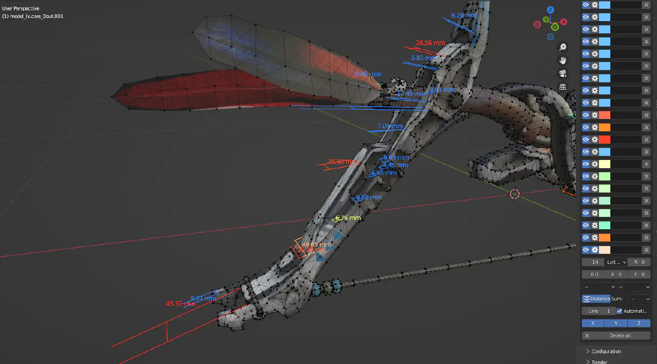 A screenshot showing the blender interface with the warbow and multiple measurements as different coloured lines all over the model.