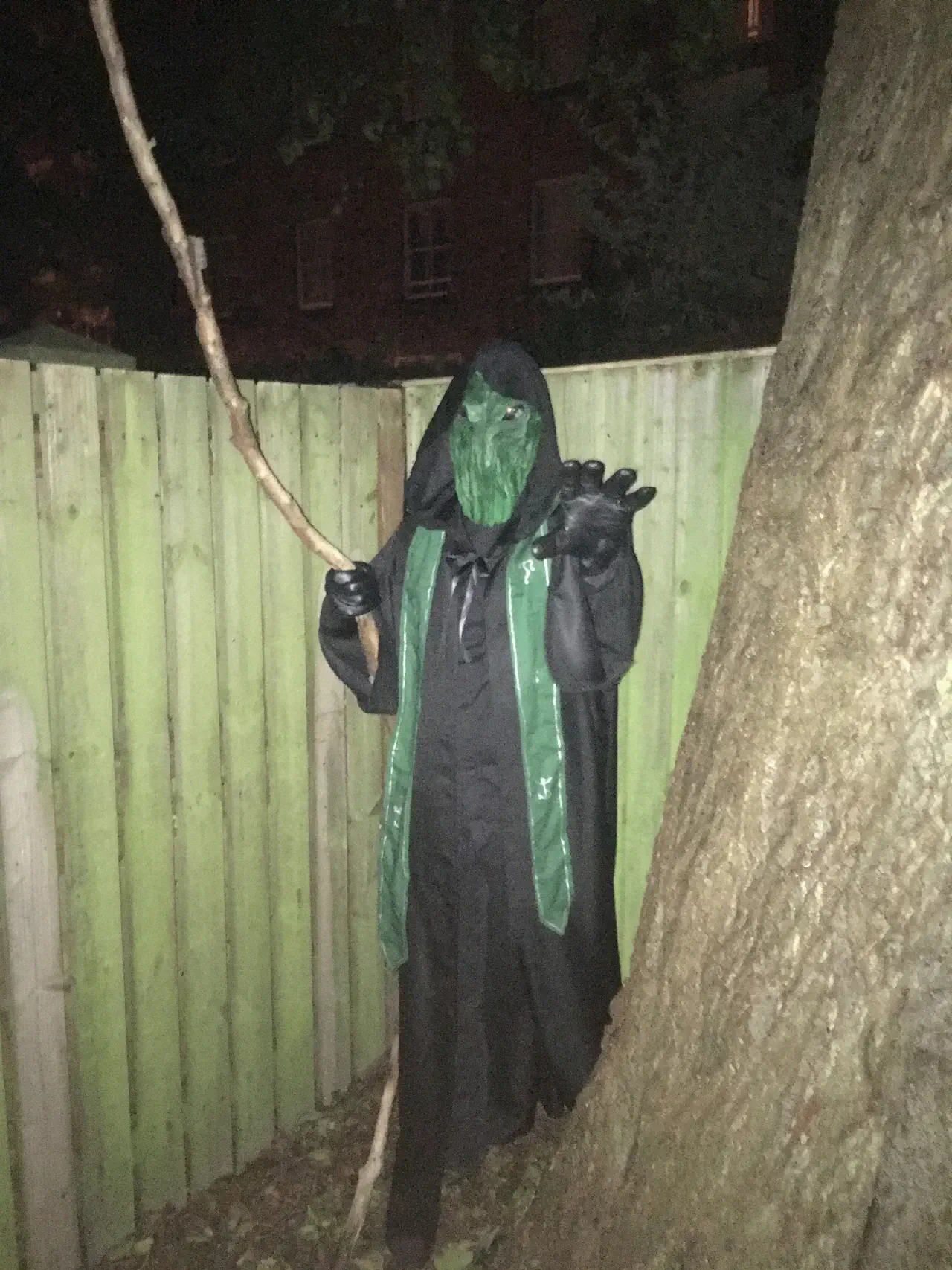 An hooded and cloaked figure in black wearing a green tentacled mask and a green sash covered in symbols reaches ominously at the photographer.