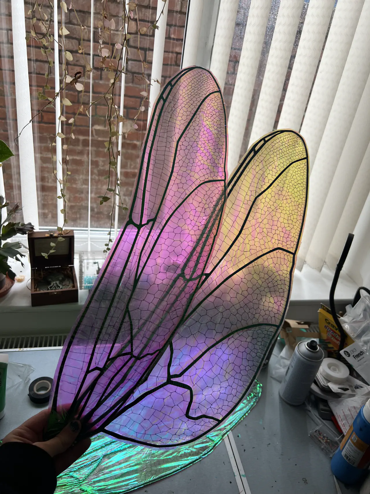 Two iridescent dragonfly wings fading from purple to yellow as they're held up to the light