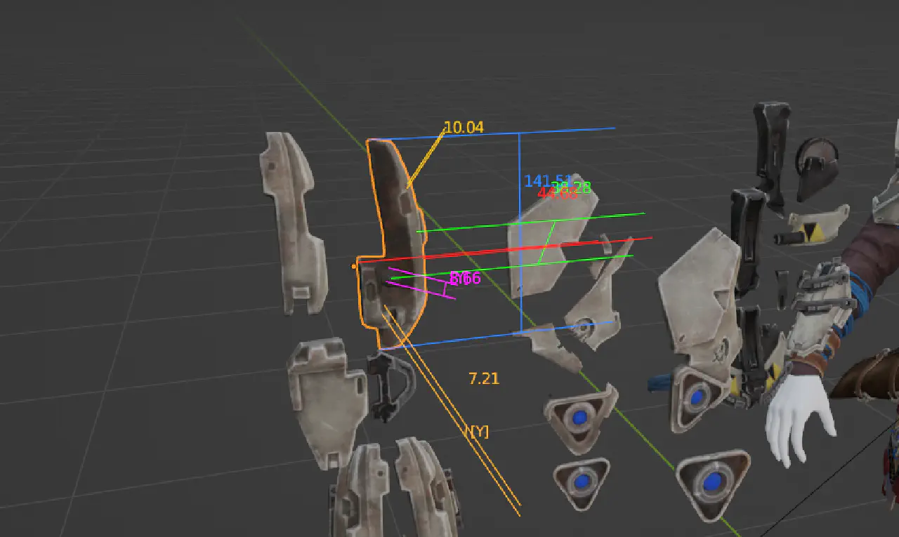 A close up of the knee armour of the model with various coloured lines and numbers radiating from it indicating the dimensions in mm