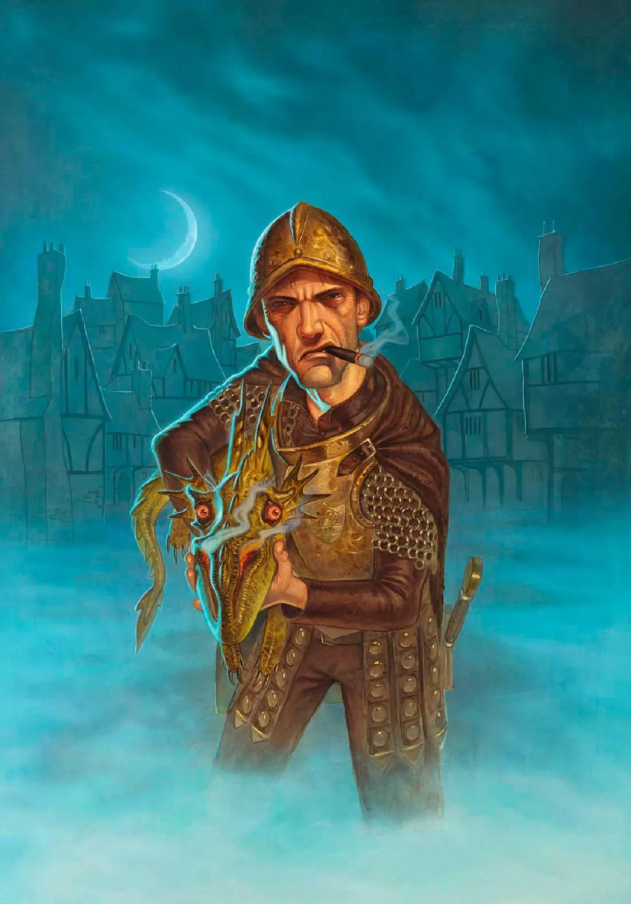 the armoured figure of sam vimes holding a dragon under one arm and smoking a cigar